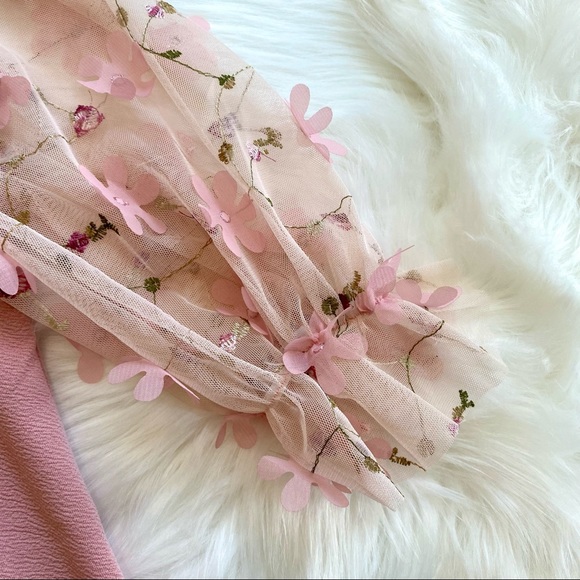 NWOT SHEIN Size M Square Neck Tulle Puff Sleeve Blouse Pink 3D Floral appliqués - Picture 8 of 11